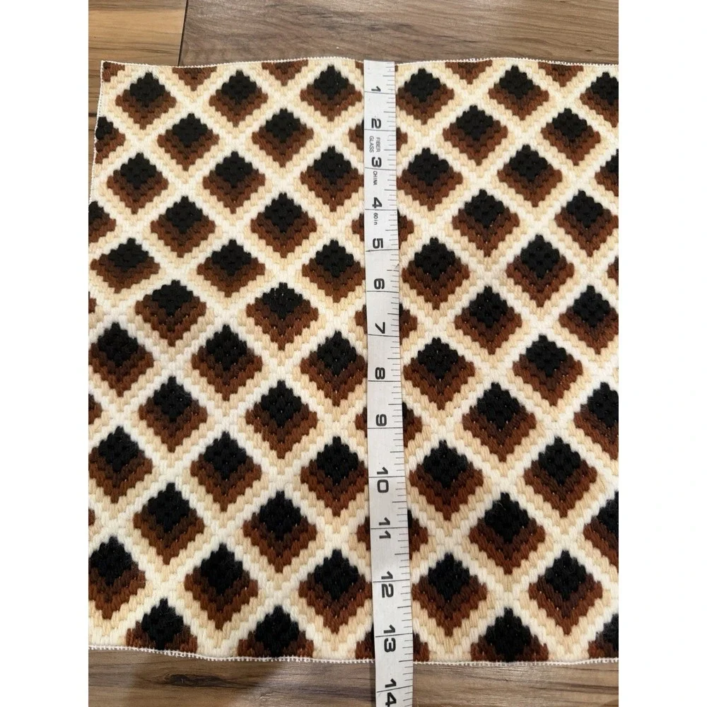 Vintage Latch Hook Rug Brown Cream Black Geometric Retro 1970s Wall Hanging